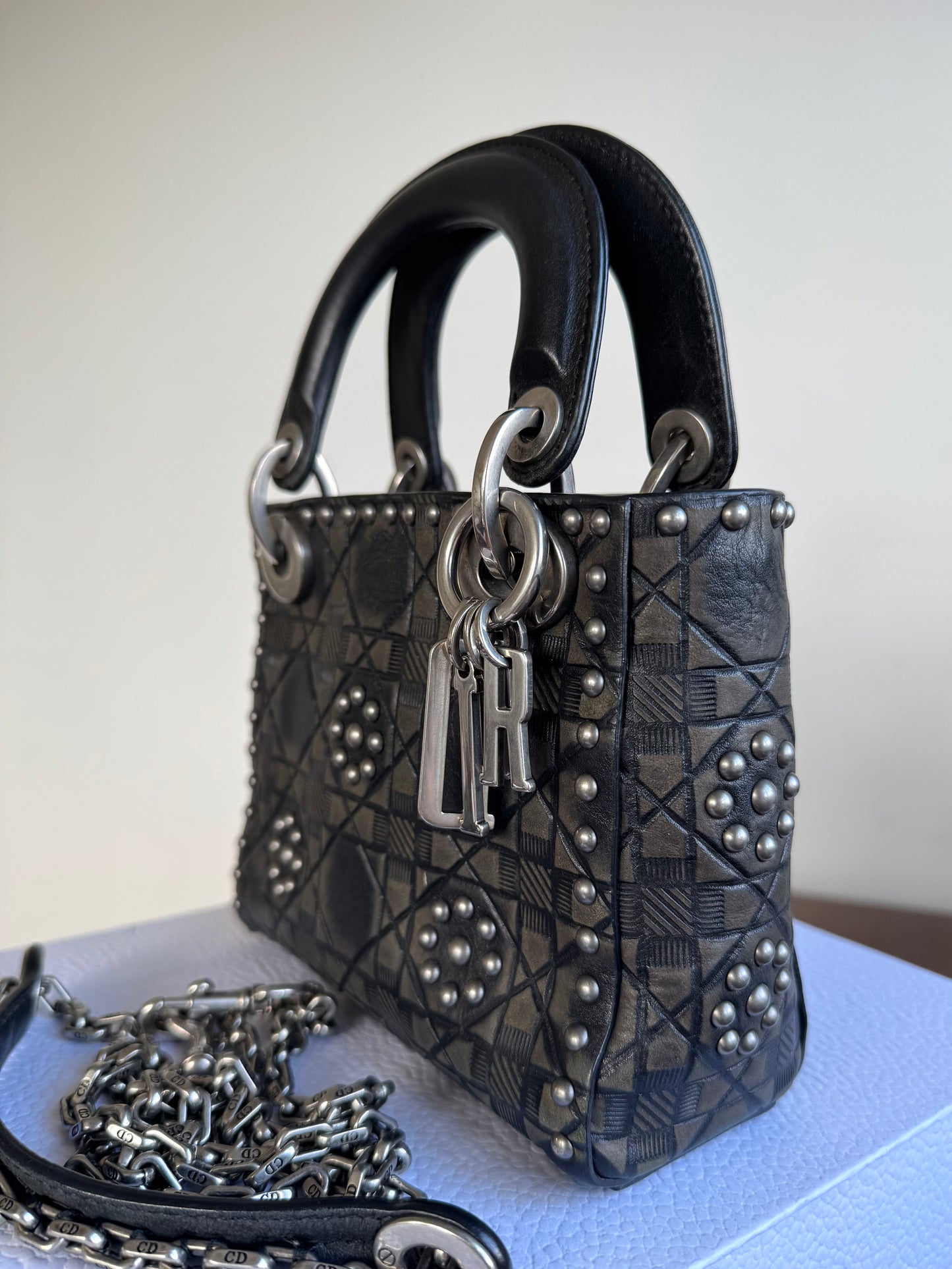 Pre-owned Dior Lady Dior Mini Studded Blacked Aged Calfskin Bag Limited Edition