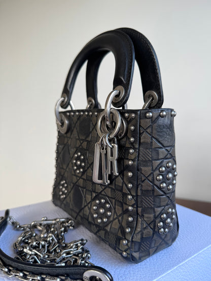 Pre-owned Dior Lady Dior Mini Studded Blacked Aged Calfskin Bag Limited Edition