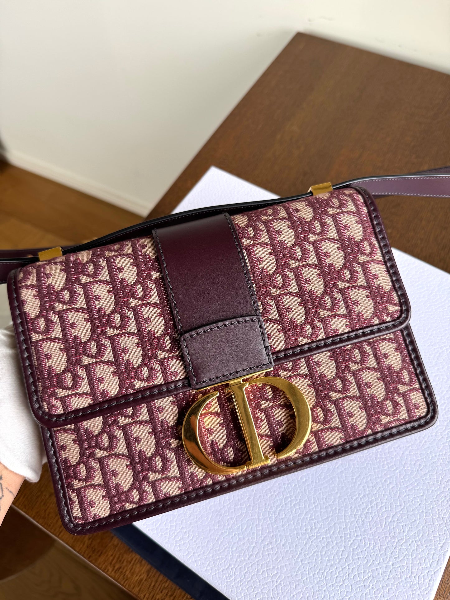 Pre-owned Dior 30 Montaigne Medium Burgundy Canvas Leather Bag
