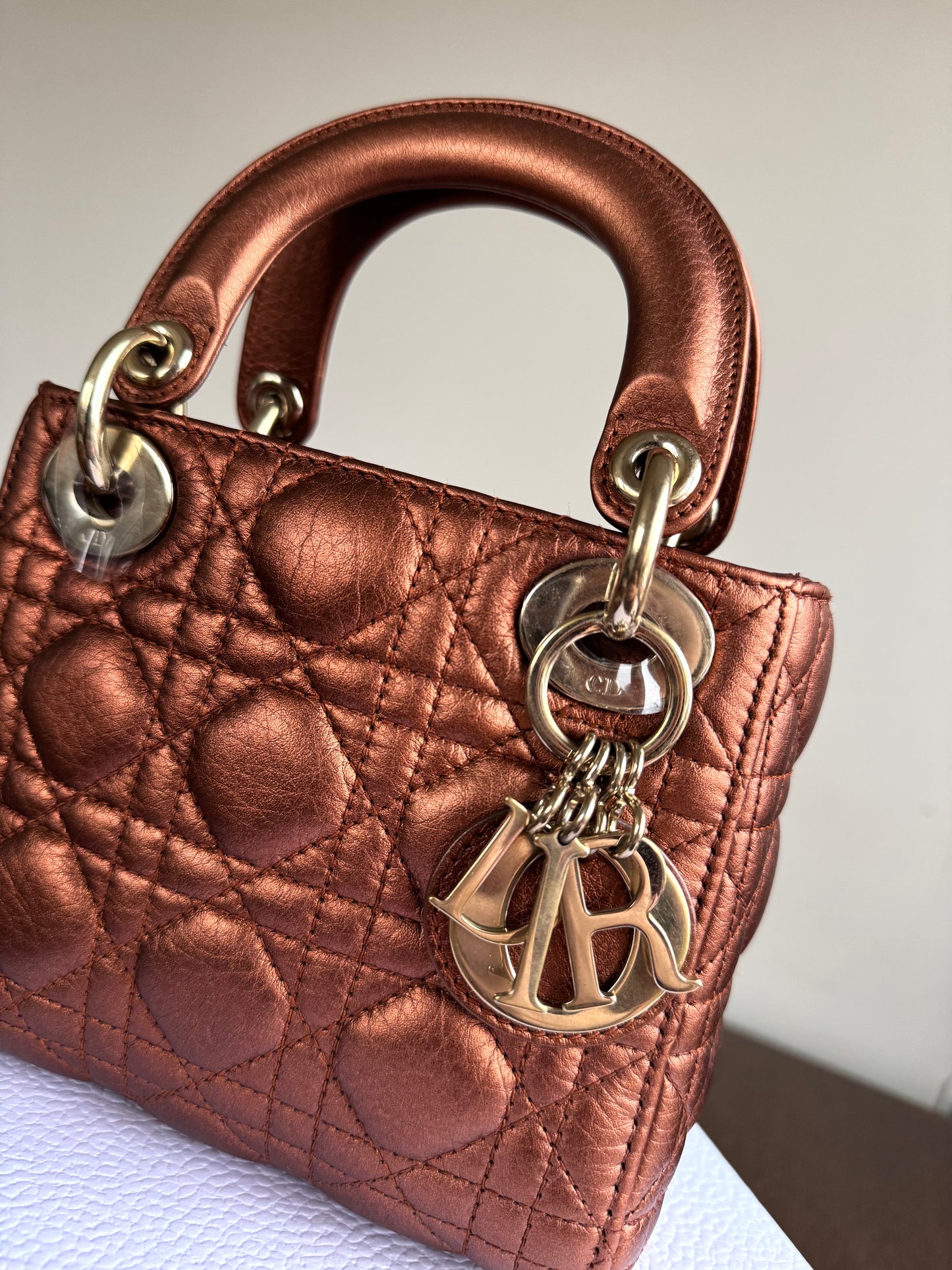 Pre-owned Dior Lady Dior Mini Bronze Lambskin Cannage Bag