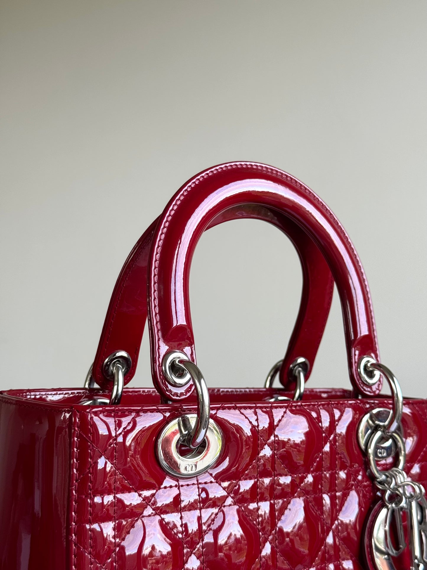 Pre-owned Dior Lady Dior Medium Burgundy Patent Leather Bag