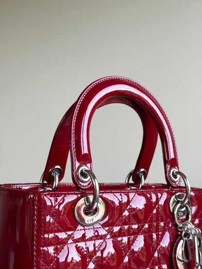 Pre-owned Dior Lady Dior Medium Burgundy Patent Leather Bag