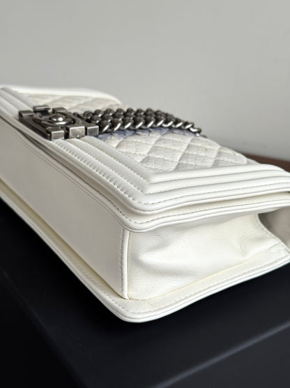 Pre-owned Chanel Boy Medium Off White Python Chain Around Flap Bag
