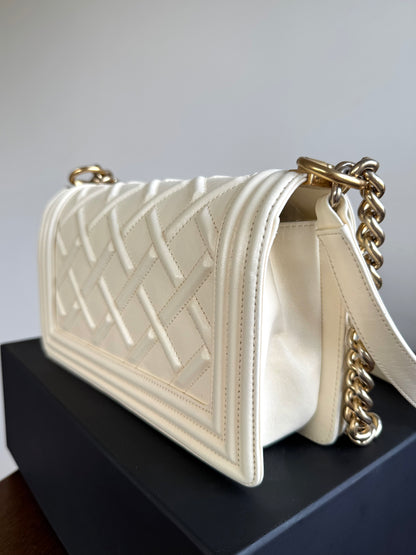 Pre-owned Chanel Boy Medium Embossed Cream Leather Bag