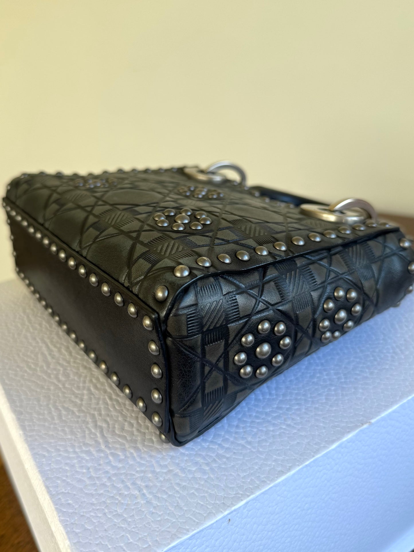 Pre-owned Dior Lady Dior Mini Studded Blacked Aged Calfskin Bag Limited Edition