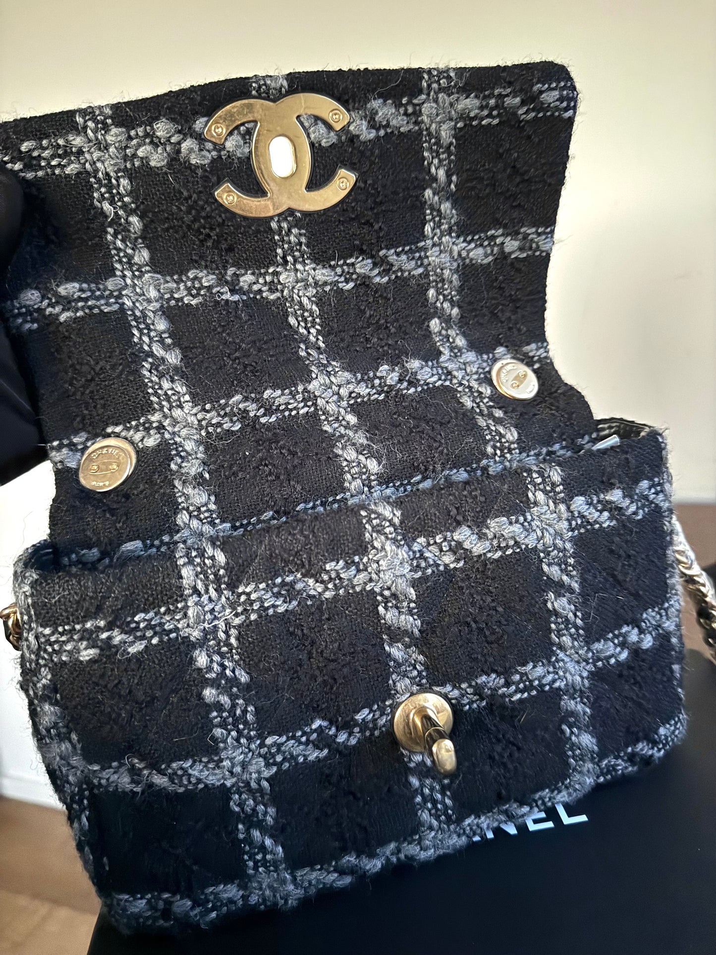 Pre-owned Chanel 19 Small Black Tweed Flap Bag