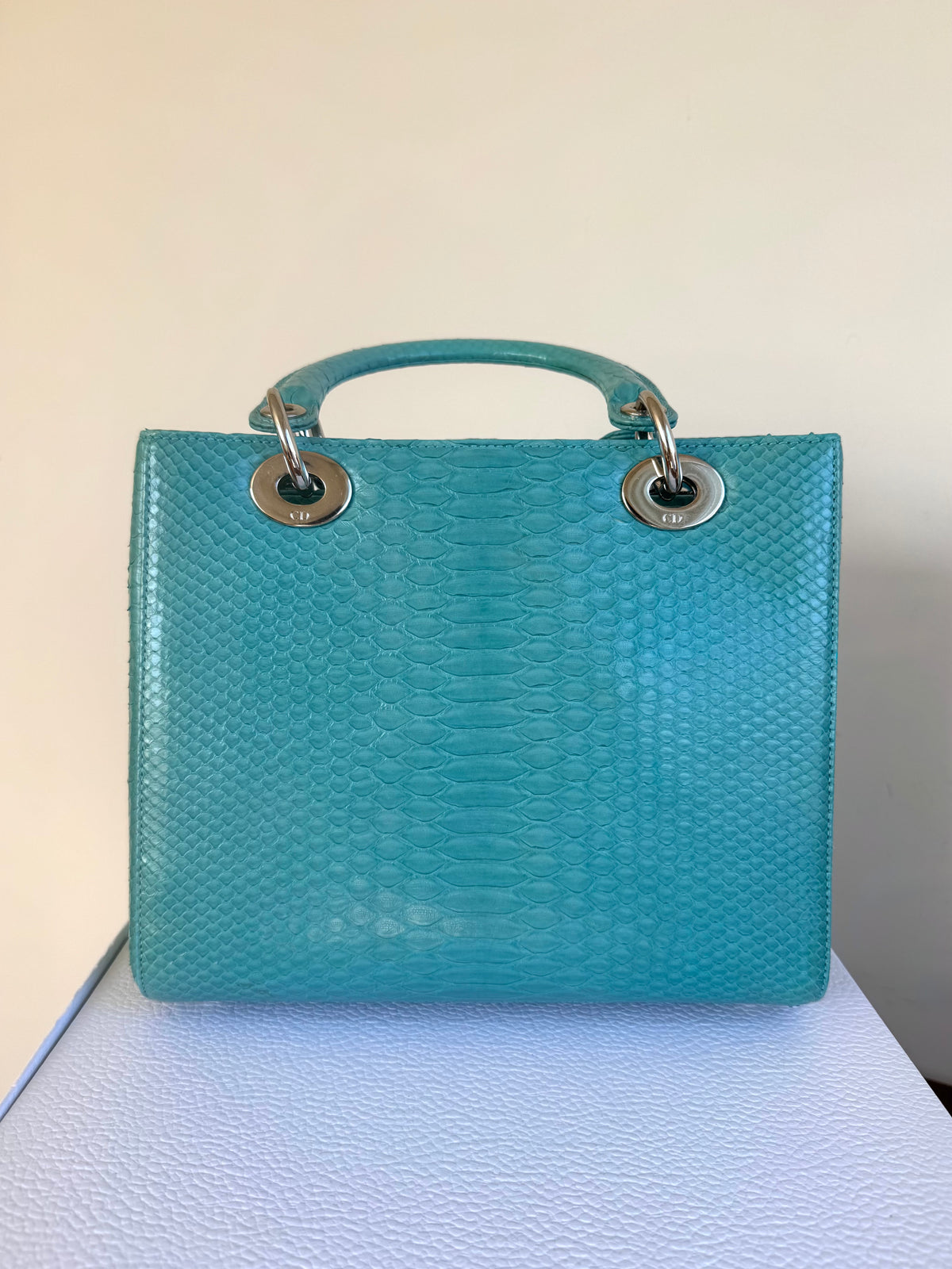 Pre-owned Dior Lady Dior Medium Tiffany Blue Python Bag