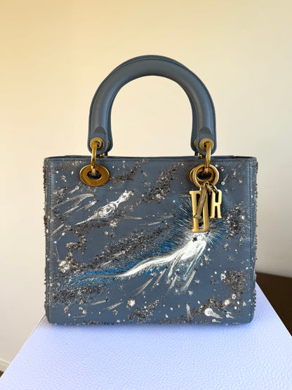 Pre-owned Dior Lady Dior Medium Grey Blue Embroidered Leather Bag