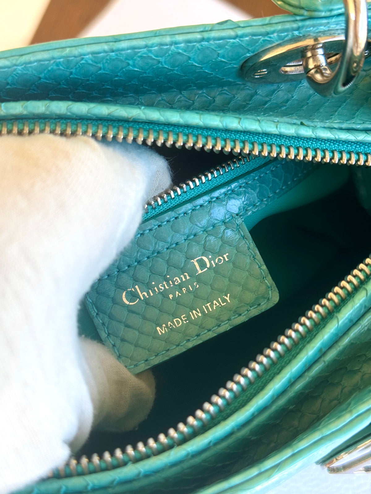 Pre-owned Dior Lady Dior Medium Tiffany Blue Python Bag