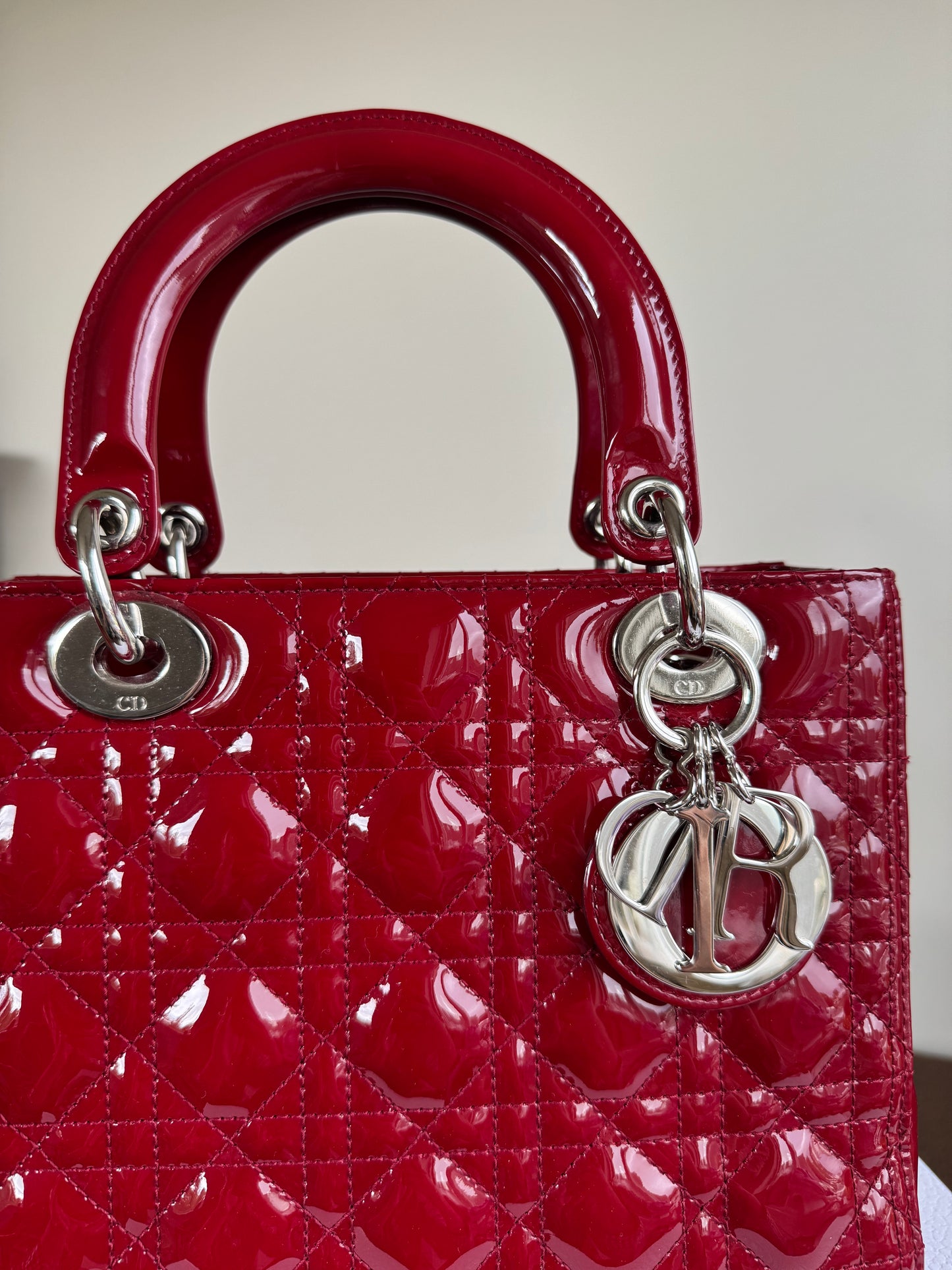 Pre-owned Dior Lady Dior Medium Burgundy Patent Leather Bag