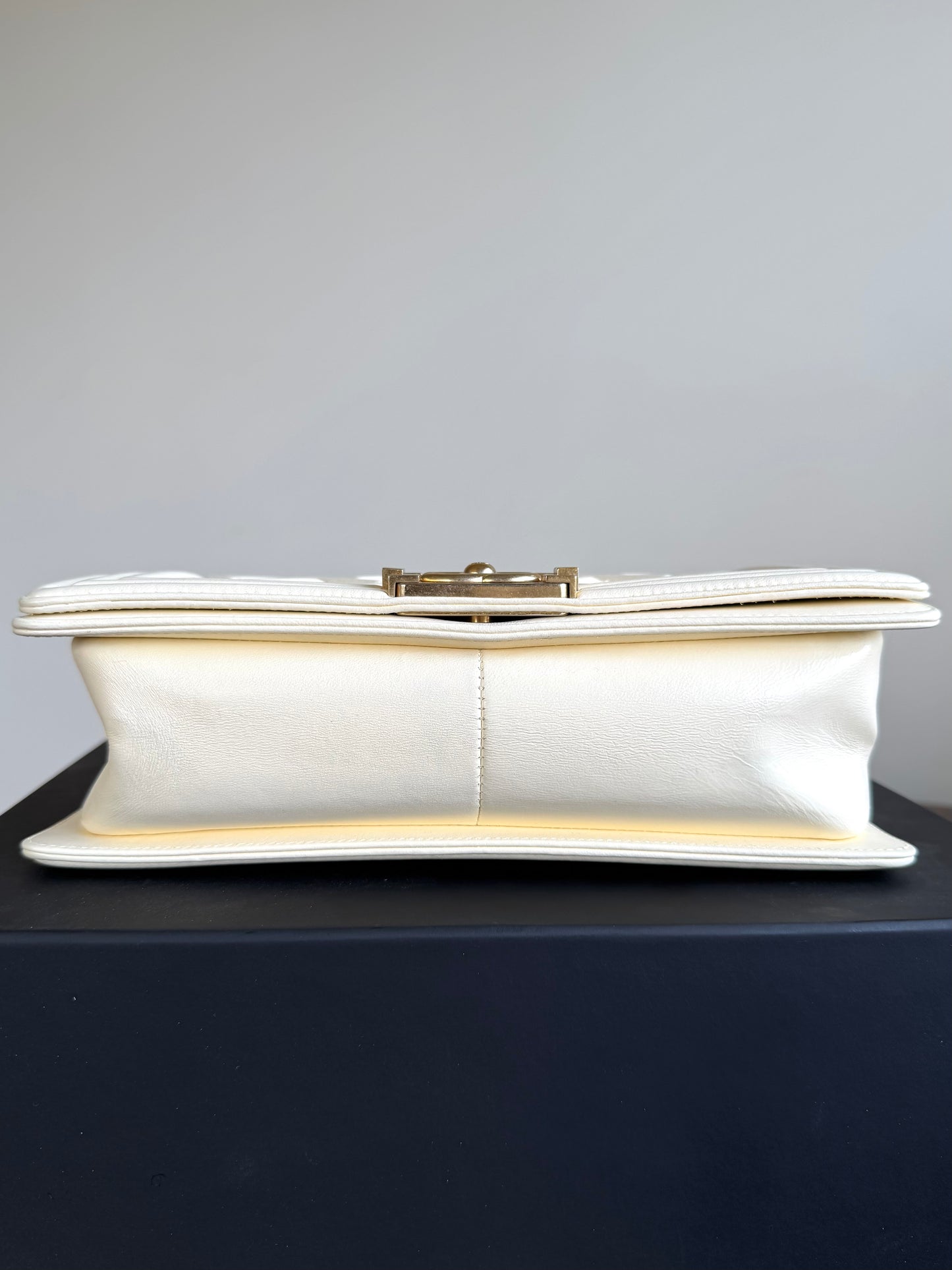 Pre-owned Chanel Boy Medium Embossed Cream Leather Bag