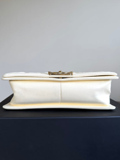 Pre-owned Chanel Boy Medium Embossed Cream Leather Bag