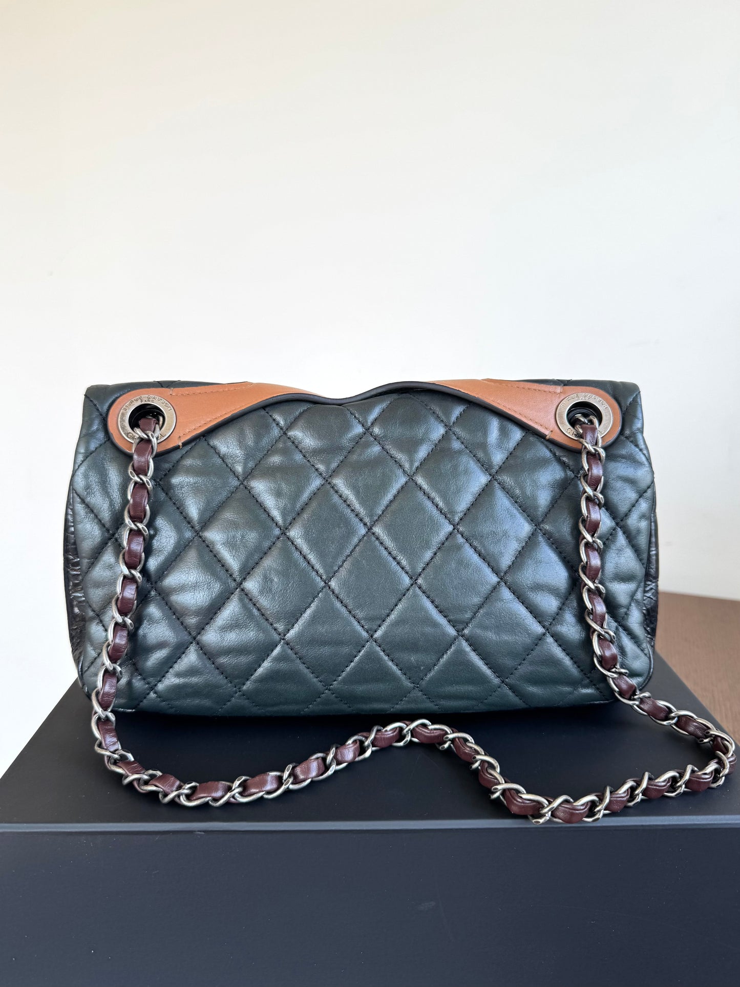 Pre-owned Chanel In The Mix Medium Dark Green Iridescent Leather Flap Bag