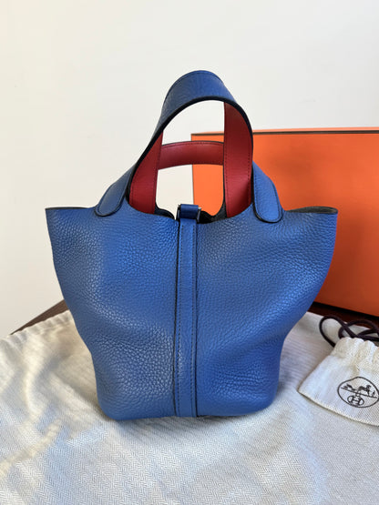 Pre-owned Hermès Picotin 18 Blue Brighton Capucine Clemence Bucket Bag