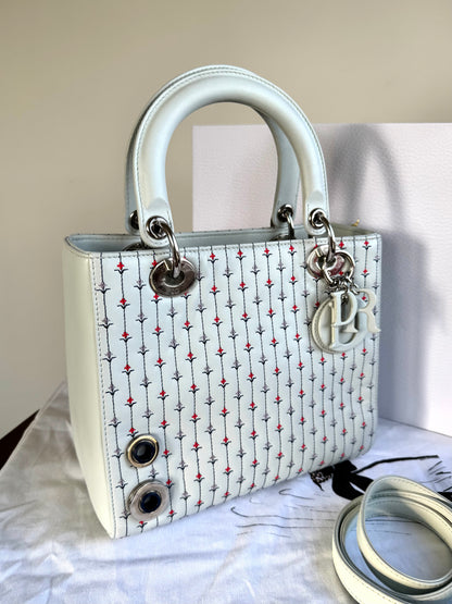 Pre-owned Dior Lady Dior Medium Baby Blue Embroidered Flower Calfskin Bag