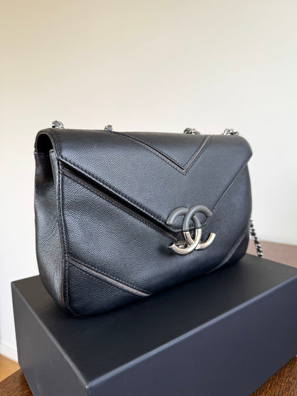 Pre-owned Chanel Marco Chevron Caviar Black Flap Bag