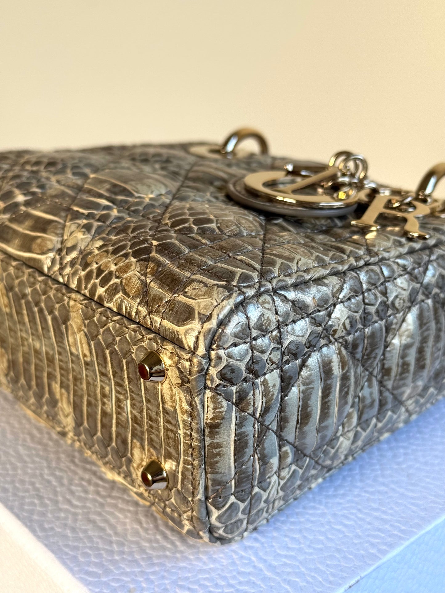 Pre-owned Dior Lady Dior Mini Metallic Grey Beige Python Bag