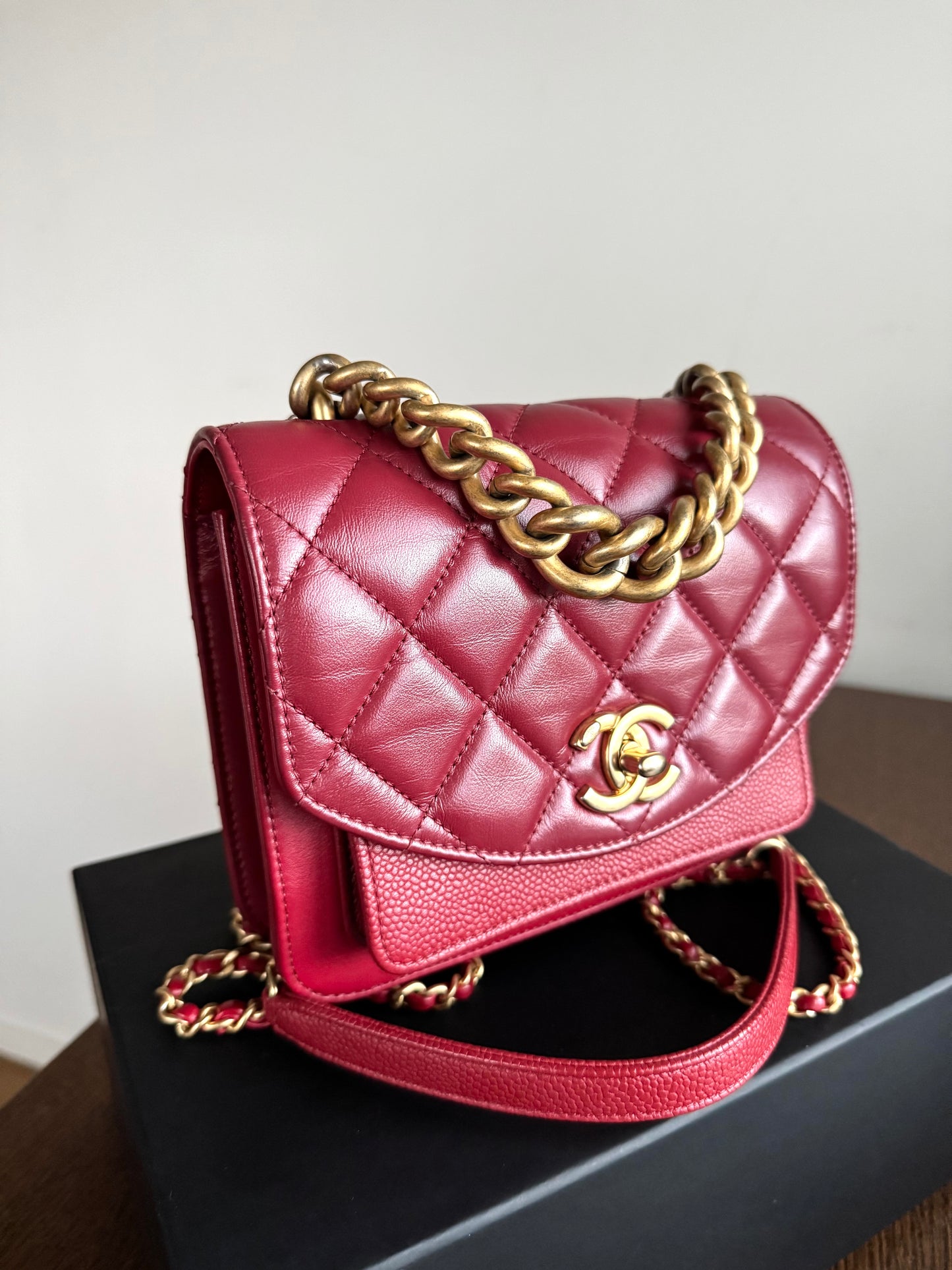 Pre-owned Chanel Top Chain Red Burgundy Caviar Flap Bag