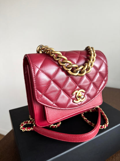 Pre-owned Chanel Top Chain Red Burgundy Caviar Flap Bag