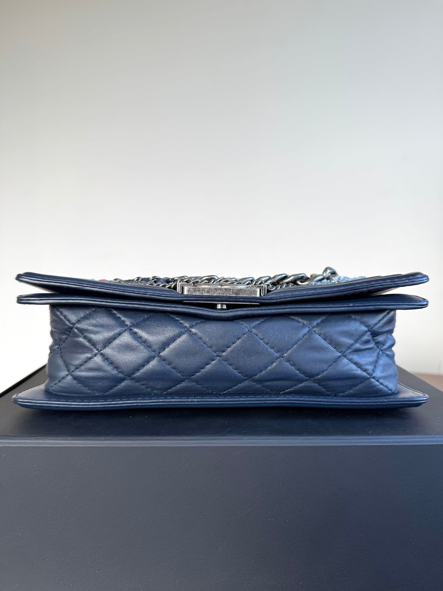 Pre-owned Chanel Boy Medium Blue Denim Tweed Leather Flap Bag