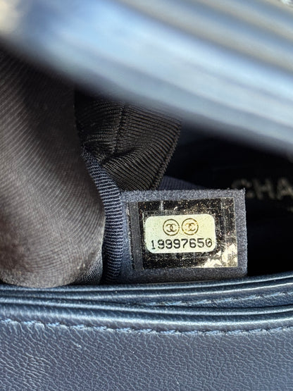 Pre-owned Chanel Boy Medium Blue Denim Tweed Leather Flap Bag