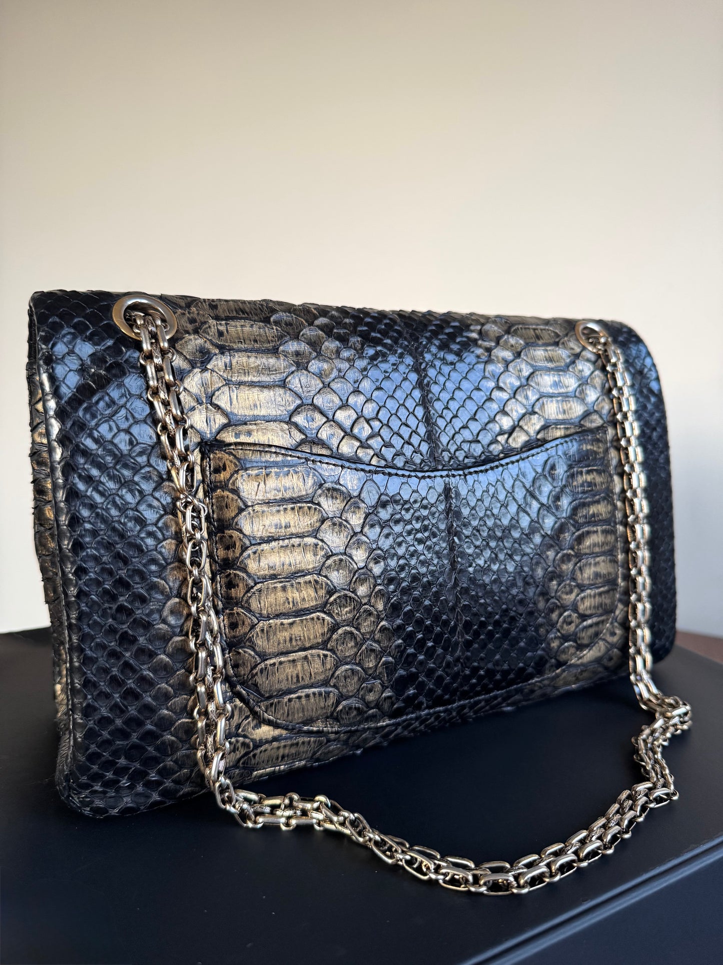 Pre-owned Chanel 2.55 Reissue Large 226 Black Gold Python Flap Bag