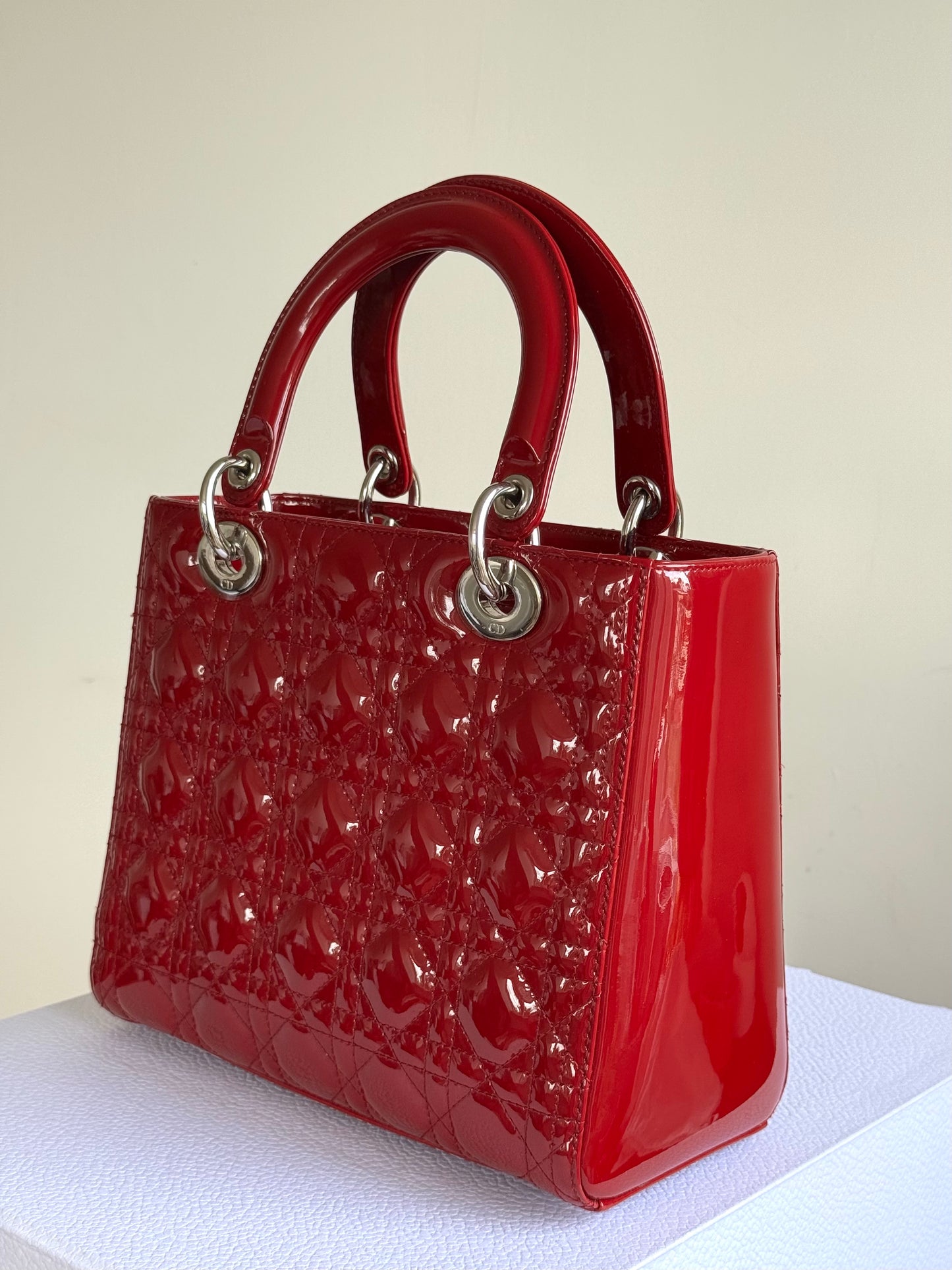 Pre-owned Dior Lady Dior Medium Burgundy Patent Leather Bag
