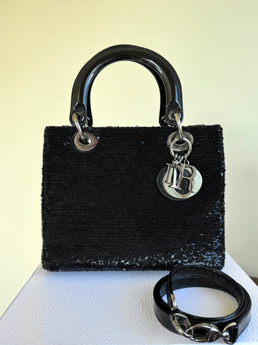 Pre-owned Dior Lady Dior Medium Black Sequin Patent Leather Bag