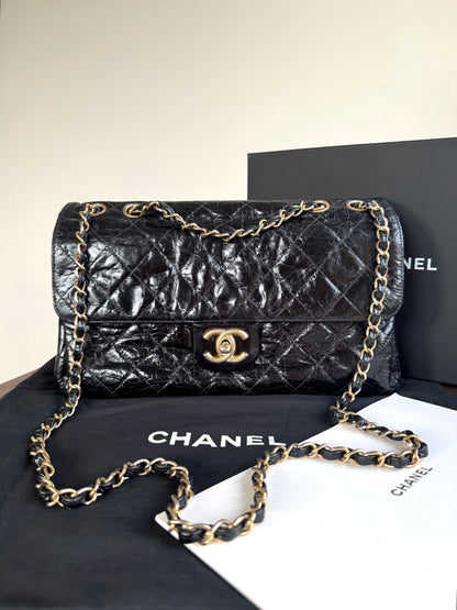 Pre-owned Chanel CC Black Waxed Leather Flap Bag