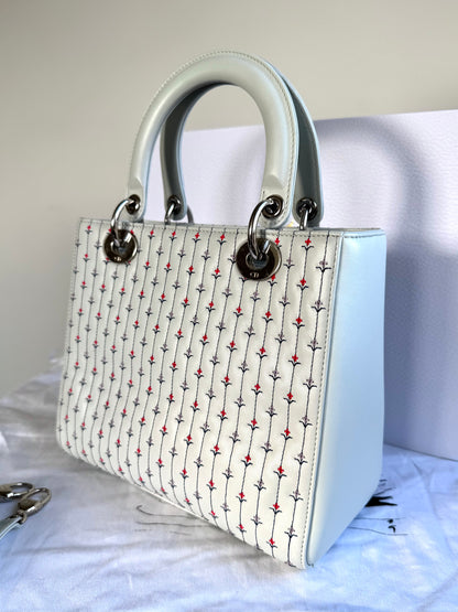 Pre-owned Dior Lady Dior Medium Baby Blue Embroidered Flower Calfskin Bag