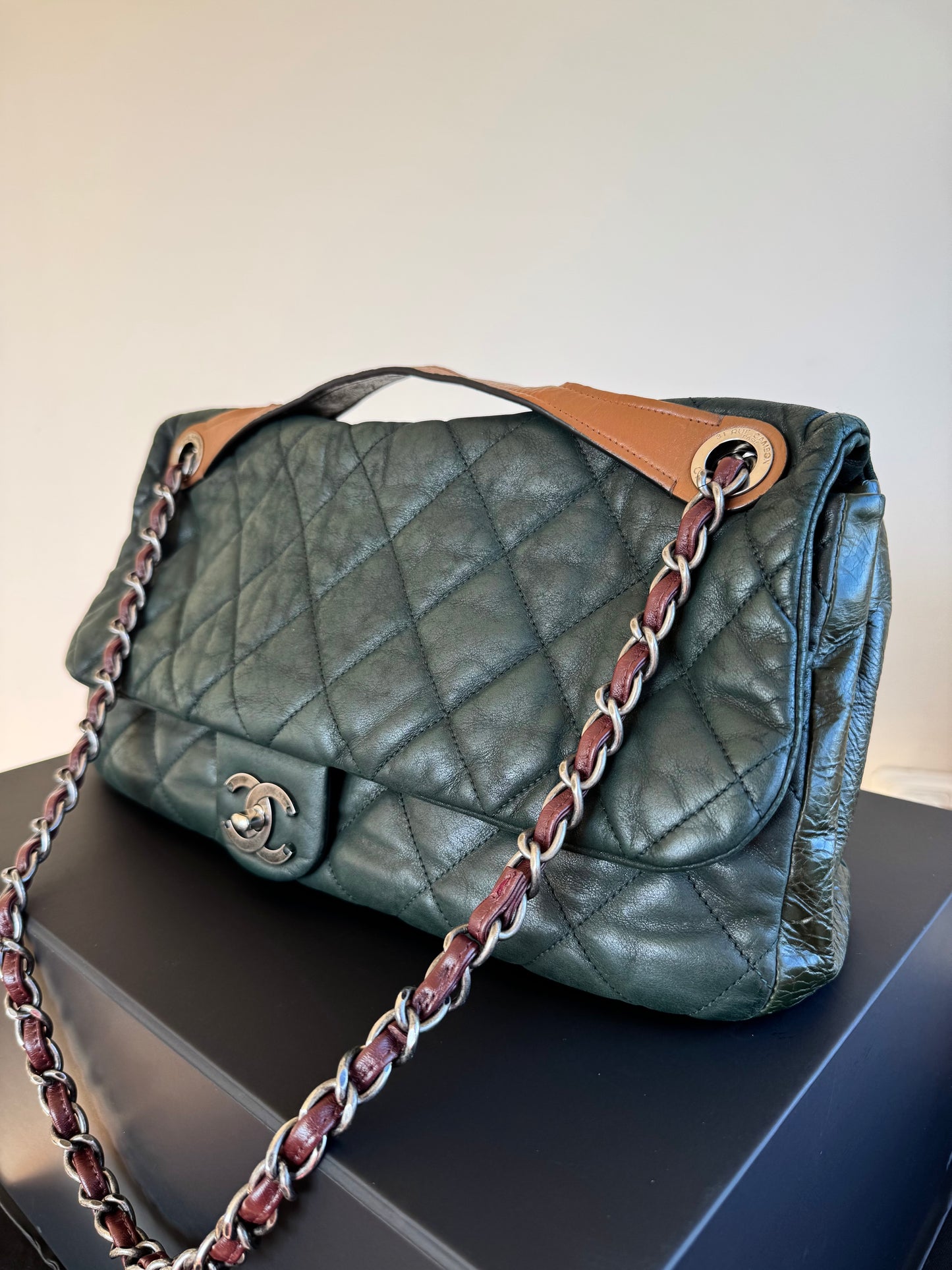 Pre-owned Chanel In The Mix Jumbo Dark Green Iridescent Leather Flap Bag