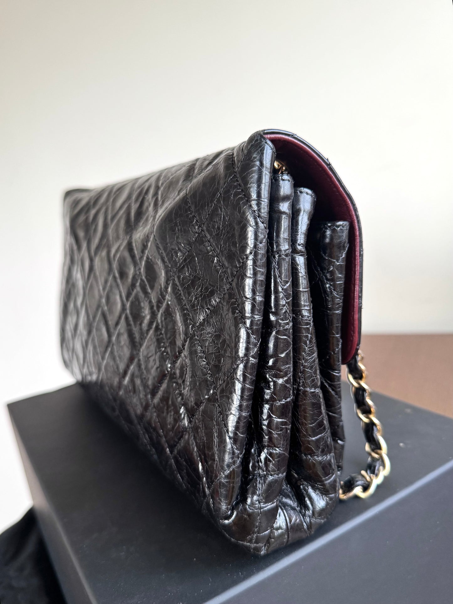 Pre-owned Chanel CC Black Waxed Leather Flap Bag
