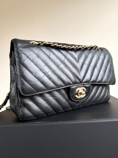 Pre-owned Chanel Timeless Classic Medium V-stitch Black Calfskin Flap Bag