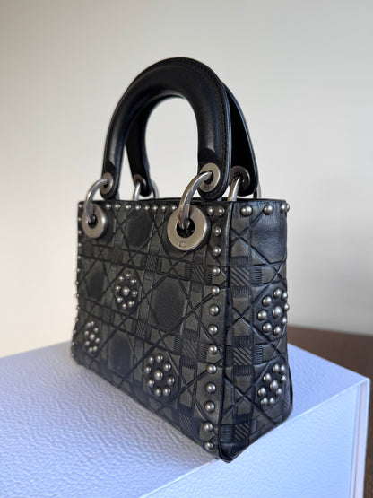 Pre-owned Dior Lady Dior Mini Studded Blacked Aged Calfskin Bag Limited Edition