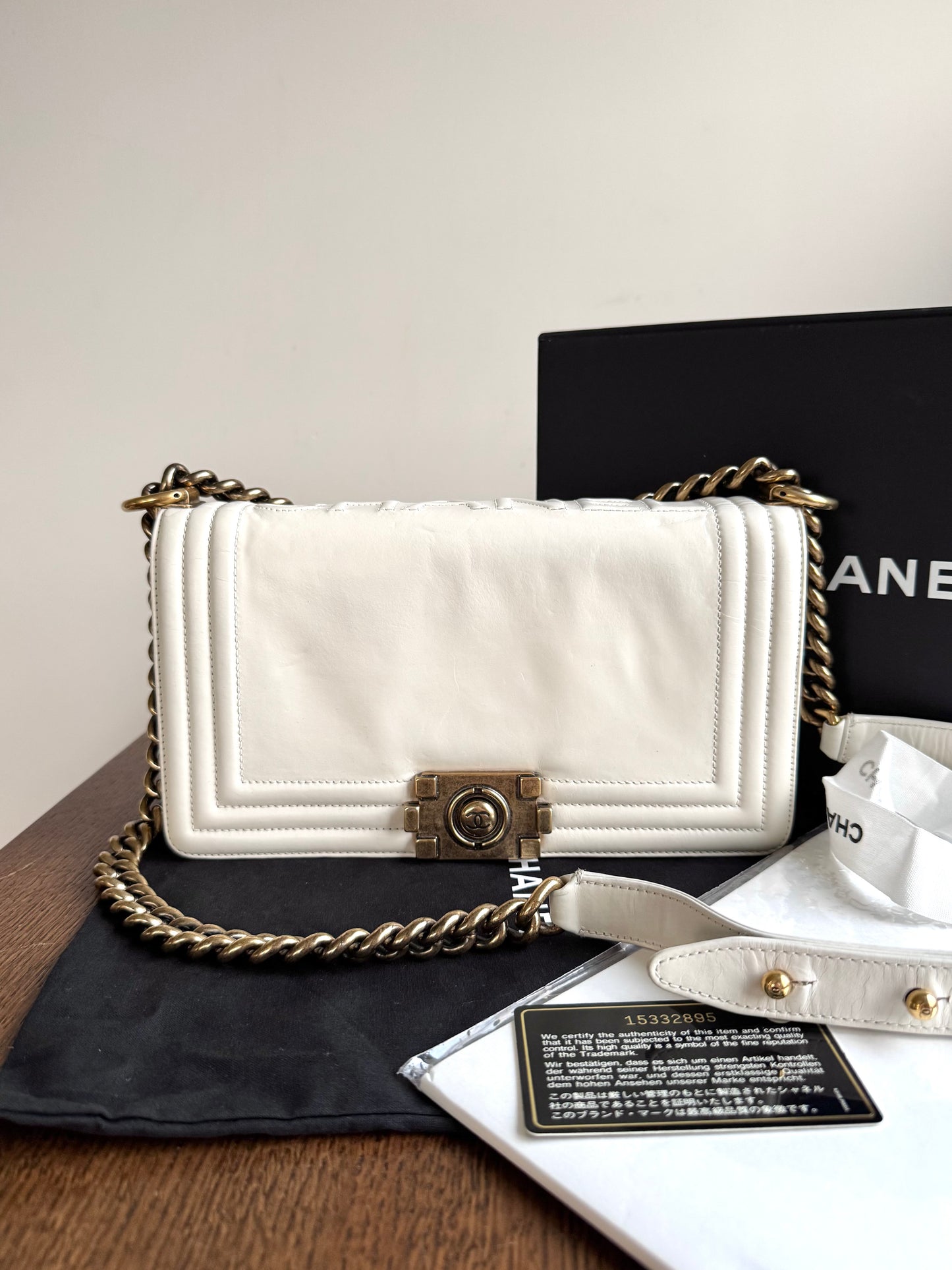 Pre-owned Chanel Boy Medium Original Clasp White Leather Flap Bag