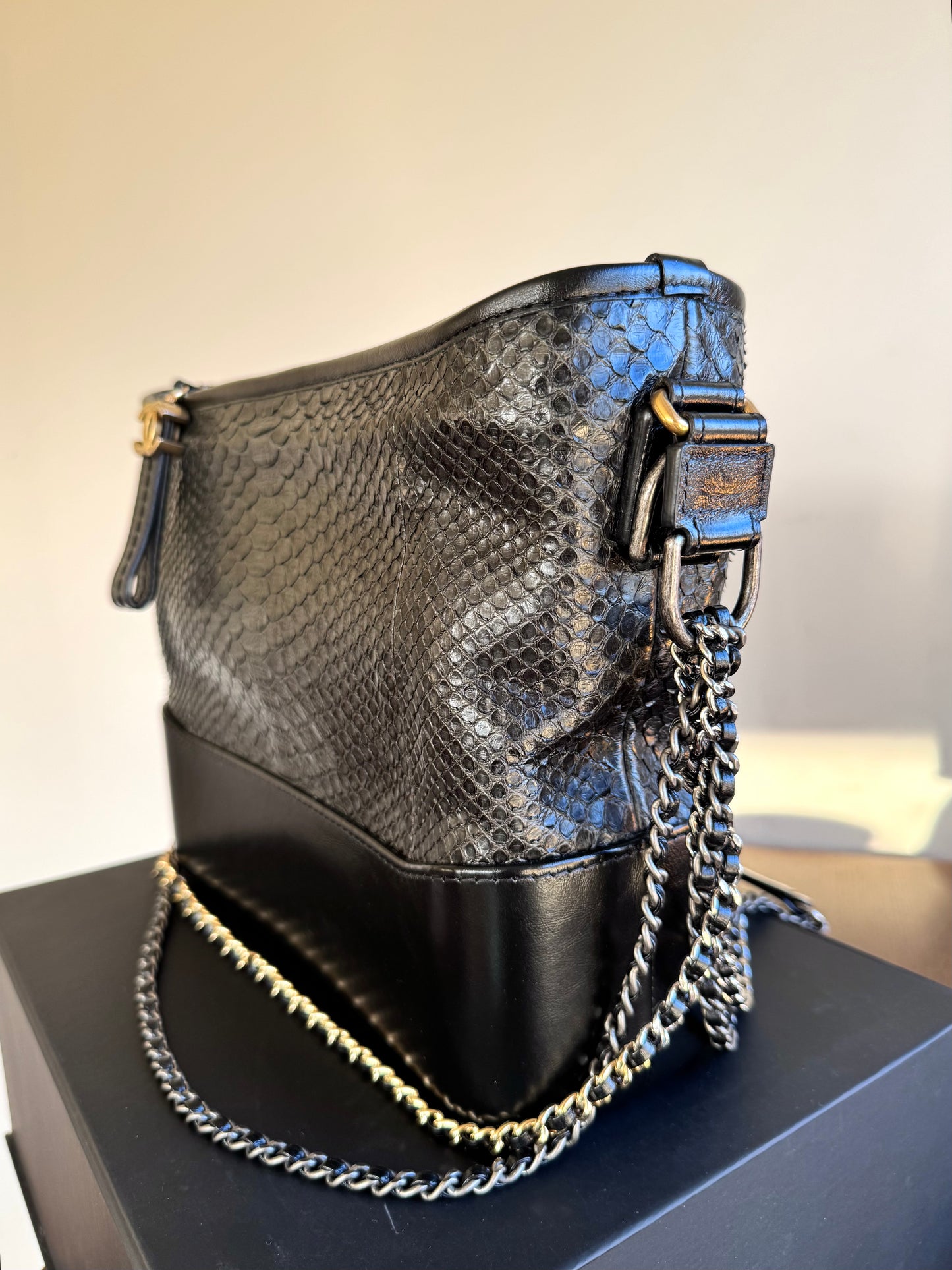 Pre-owned Chanel Gabrielle Medium Black Python Leather Hobo Bag Limited Edition