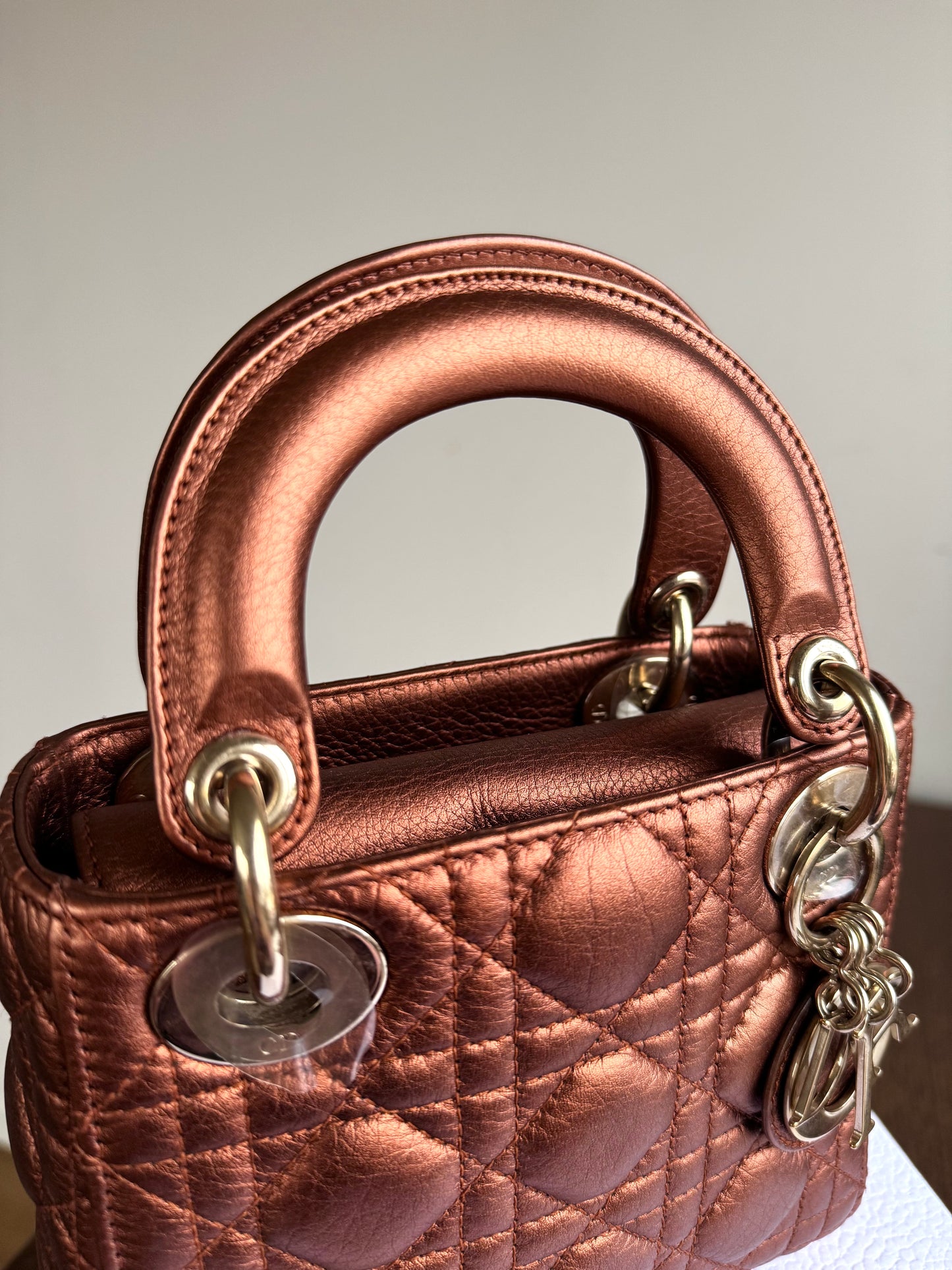 Pre-owned Dior Lady Dior Mini Bronze Lambskin Cannage Bag