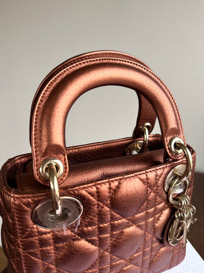 Pre-owned Dior Lady Dior Mini Bronze Lambskin Cannage Bag
