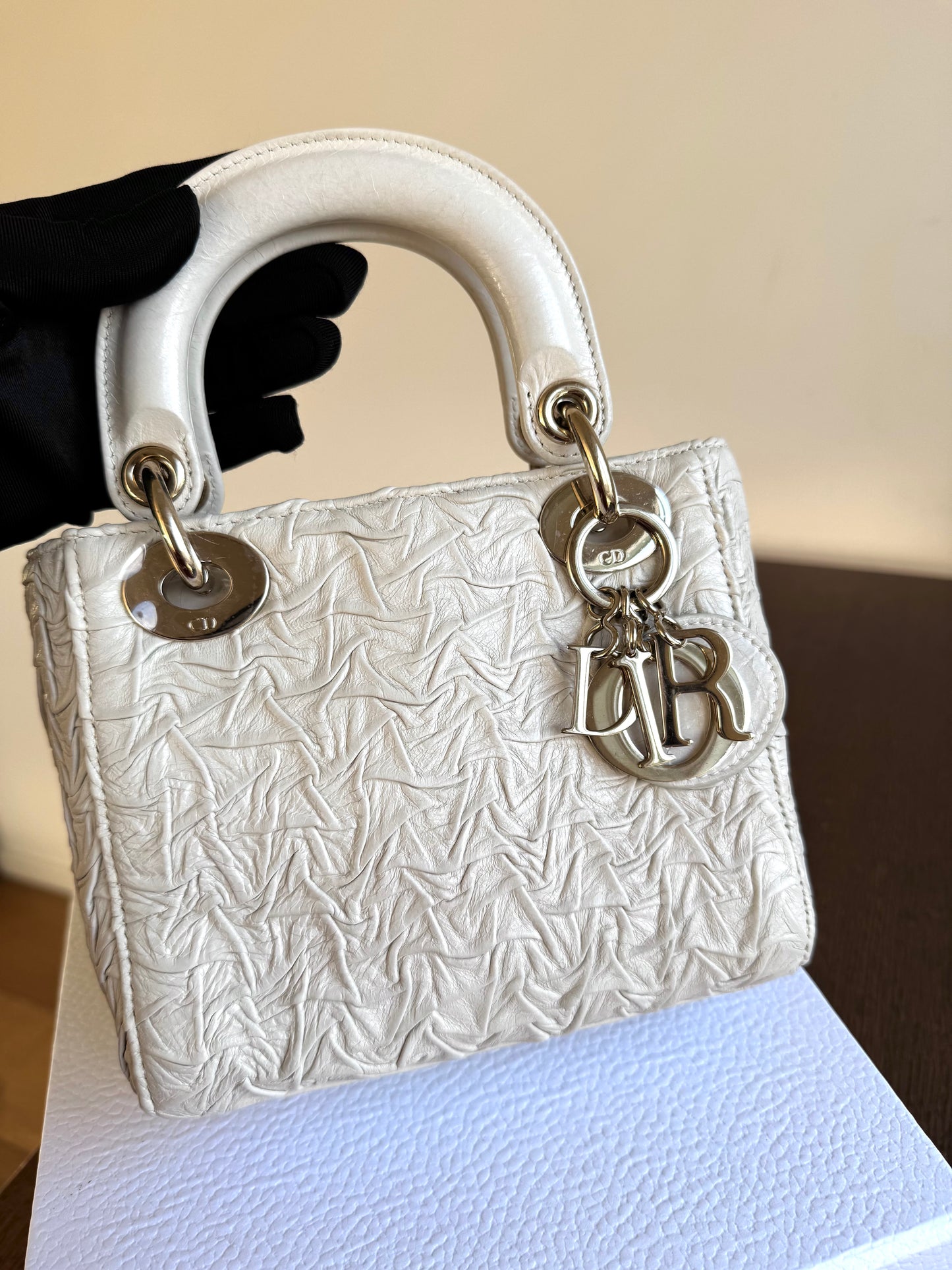 Pre-owned Dior Lady Dior Mini Off-White Eggshell Wrinkled Leather Bag