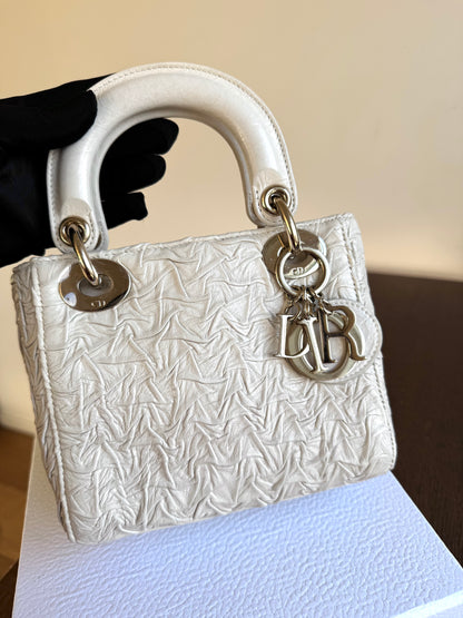 Pre-owned Dior Lady Dior Mini Off-White Eggshell Wrinkled Leather Bag