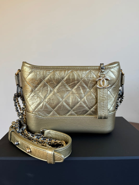 Pre-owned Chanel Gabrielle Small Gold Leather Hobo Bag