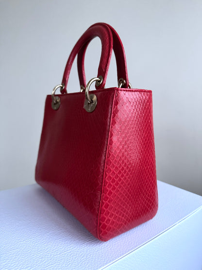 Pre-owned Dior Lady Dior Medium Red Python Bag