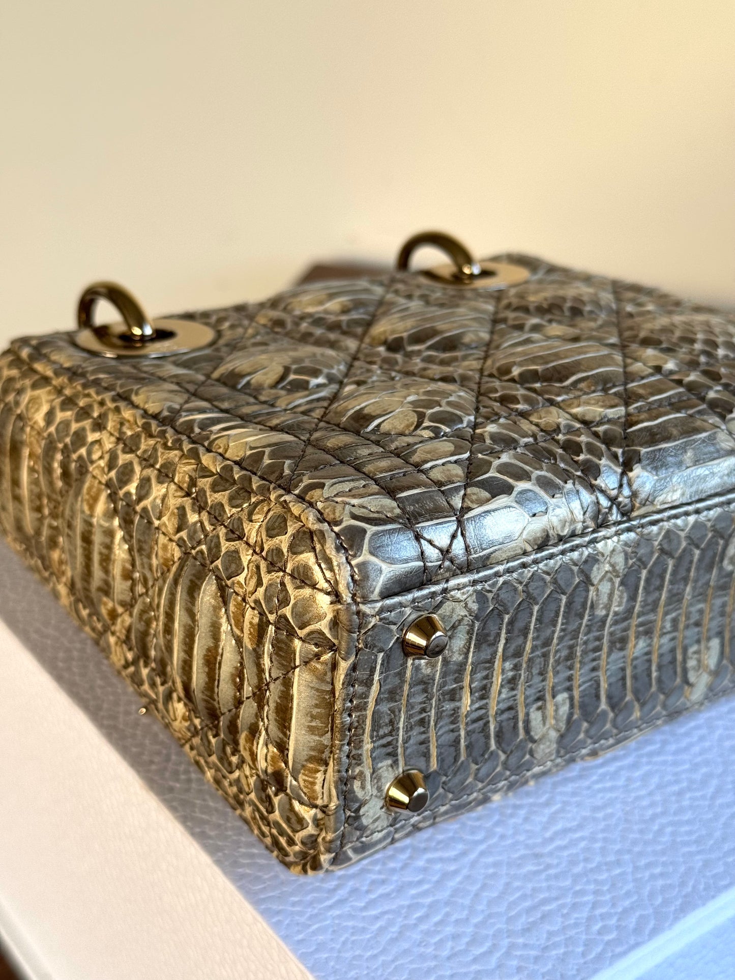 Pre-owned Dior Lady Dior Mini Metallic Grey Beige Python Bag