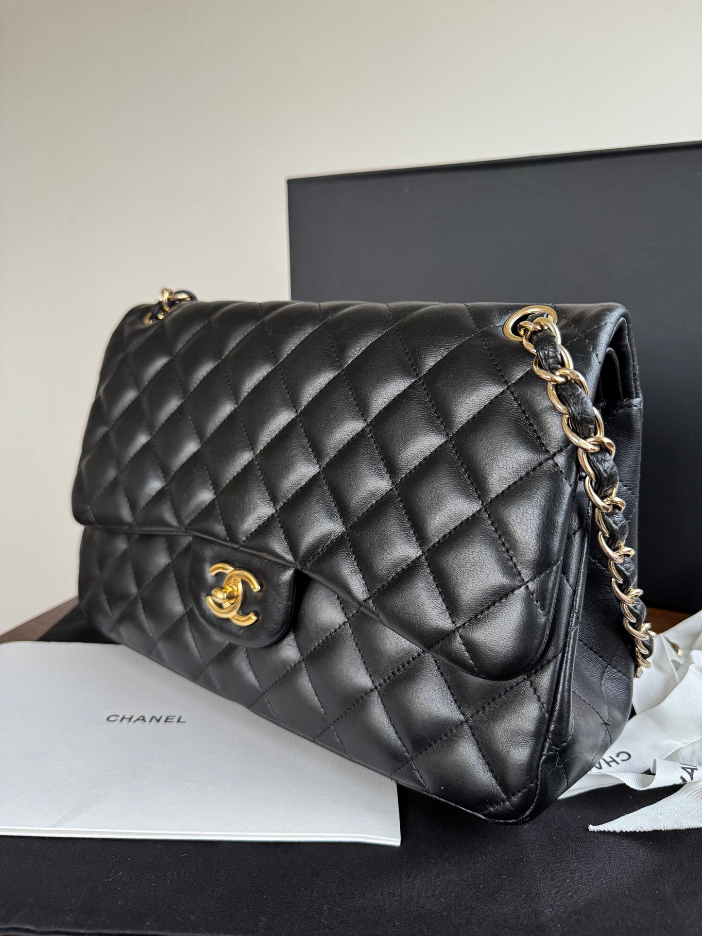 Pre-owned Chanel Timeless Classic Jumbo Black Lambskin Flap Bag