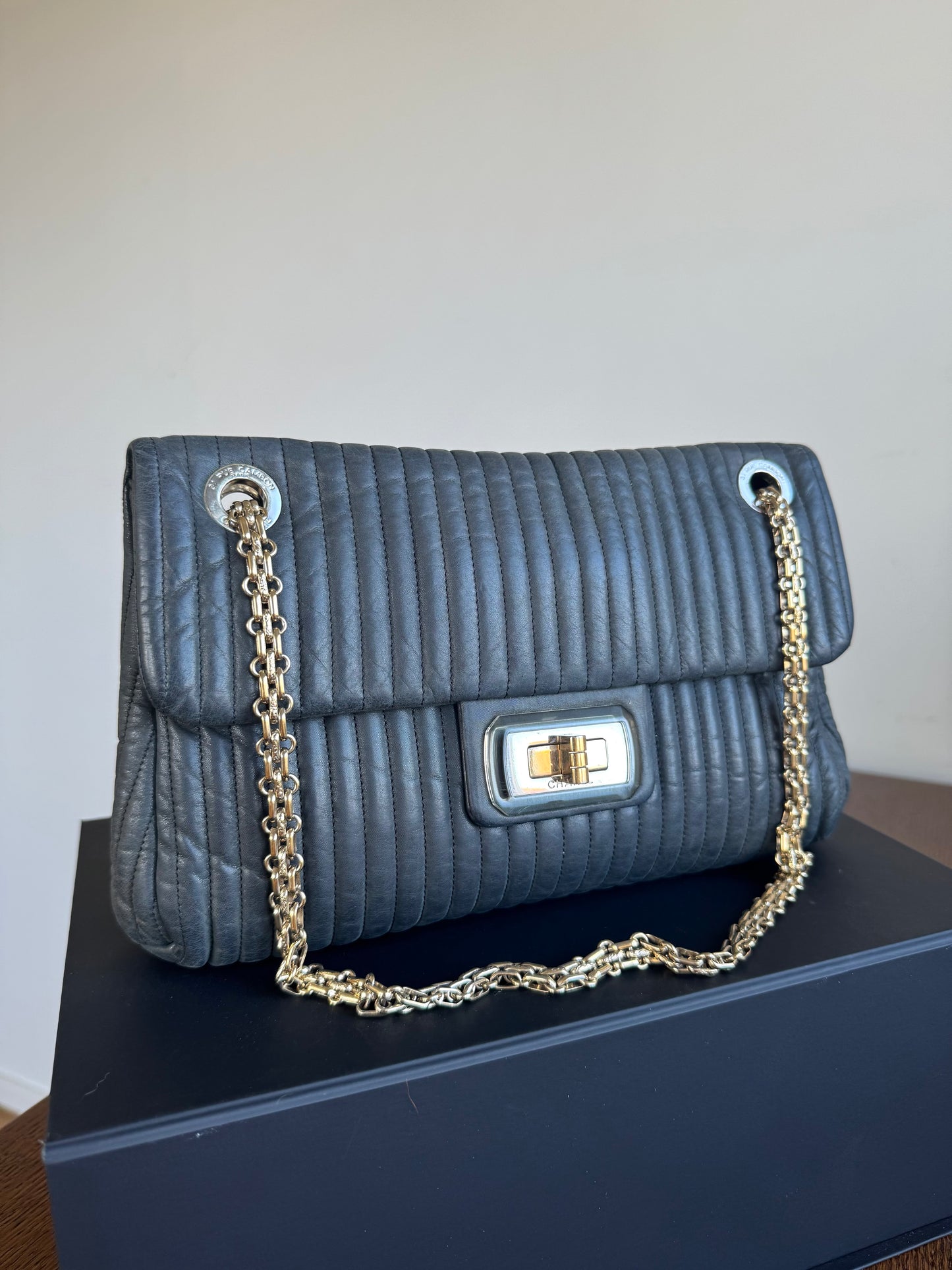 Pre-owned Chanel 2.55 Vertical Dark Grey Iridescent Leather Flap Bag