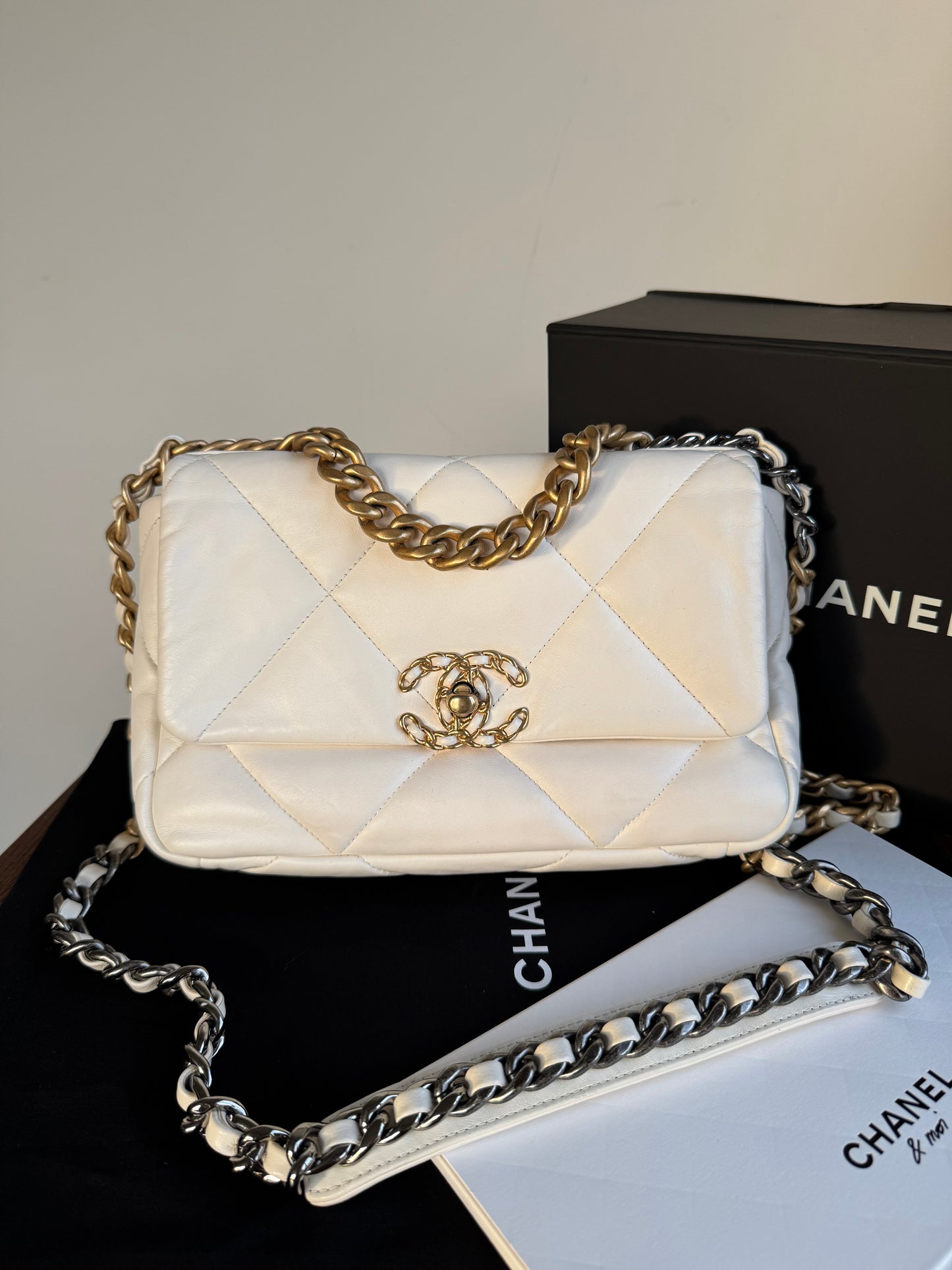 Pre-owned Chanel 19 Small White Lambskin Flap Bag