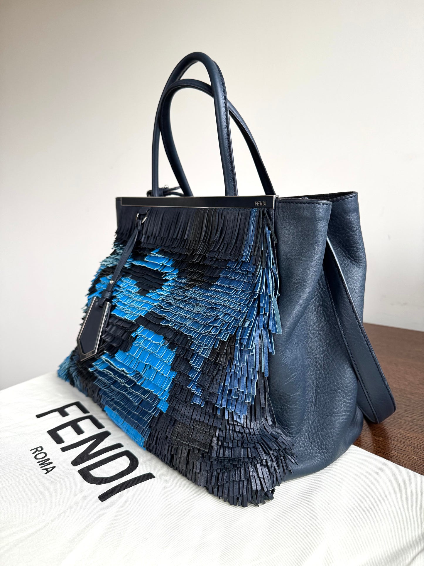 Pre-owned Fendi 2Jours Navy Blue Fringed Leather Bag