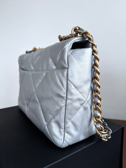 Pre-owned Chanel 19 Large Silver Lambskin Flap Bag