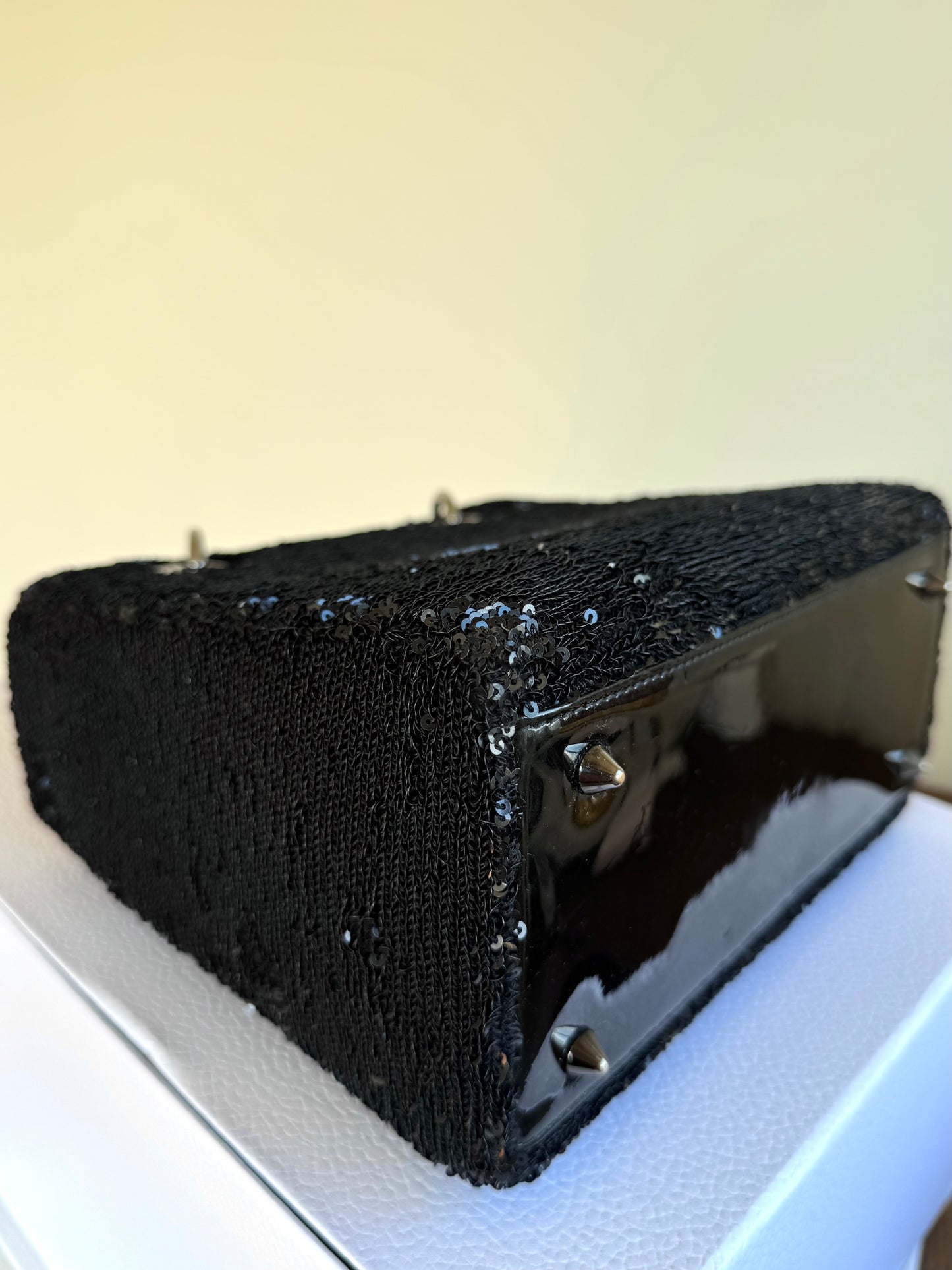 Pre-owned Dior Lady Dior Medium Black Sequin Patent Leather Bag