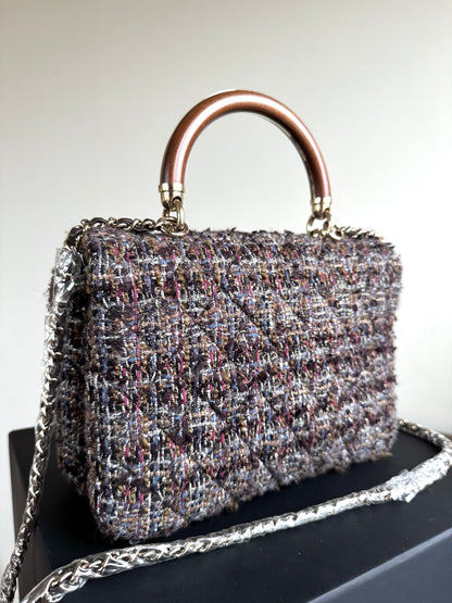 Pre-owned Chanel Knock On Wood Brown Tweed Top Handle Flap Bag